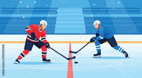 Two hockey players in action on the ice facing each other during a game or practice session