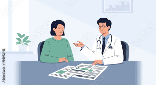 Doctor consulting patient in clinic office, discussing medical results and treatment plan