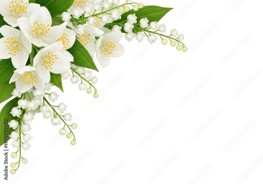 Obraz premium Beautiful white jasmine and lily of the valley flowers corner arrangement isolated on transparent background