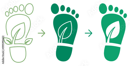 A visual representation showing the progression of an eco-friendly footprint concept from an initial sketch to a solid green icon with a leaf inside, symbolizing environmental care.
