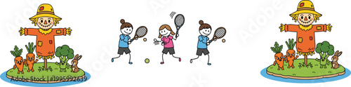 Cartoon scarecrow garden and kids playing tennis illustration set, farming vegetables and outdoor sports activity vector collection for children design