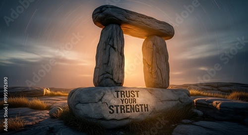 Stone Archway with Inspirational Message at Sunset - Trust Your Strength.