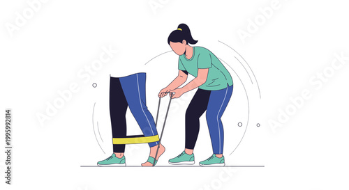 Woman doing leg exercises with resistance band, physical therapy, fitness training