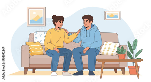 Woman comforts sad man on sofa, emotional support, empathy, understanding, mental health care