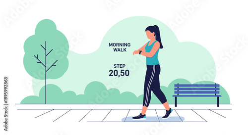 Woman doing morning walk in park, checking fitness tracker, healthy lifestyle concept