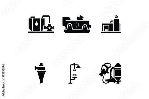 Industrial Safety and Factory Equipment Silhouette Design Set - Chemical Plant and Emergency Safety Silhouette Icon Pack
