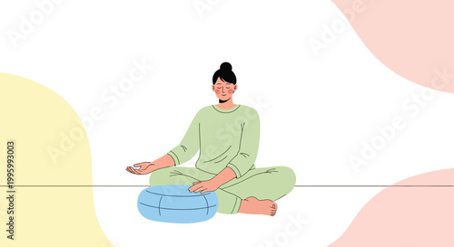 Woman Meditating in Lotus Pose on Cushion, Peaceful Mind, Yoga and Wellness