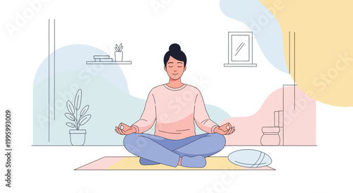Woman Meditating Peacefully at Home, Practicing Yoga and Mindfulness
