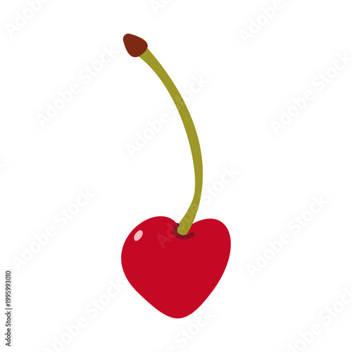 Heart shaped red cherry with a long curved stem, romantic love fruit vector illustration.