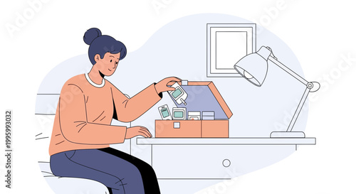 Woman organizing photos in a vintage album at a desk with a lamp