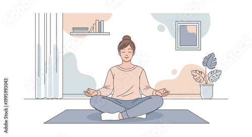 Woman Meditating Peacefully at Home, Practicing Yoga and Mindfulness