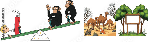 Cartoon evolution concept with child and monkeys on seesaw, desert camels and forest signboard illustration set for education and nature themed design