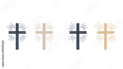 Four crosses with radiating lines, two in navy and two in beige, on a white background