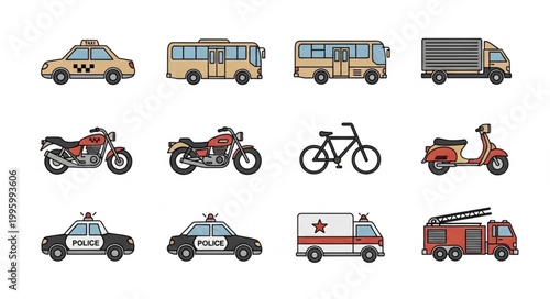 Collection of diverse vehicles and transportation modes.