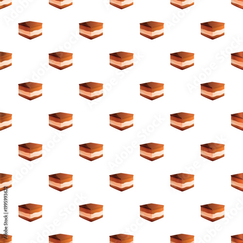 Tiramisu cake pieces arranging in a repeating pattern on white background