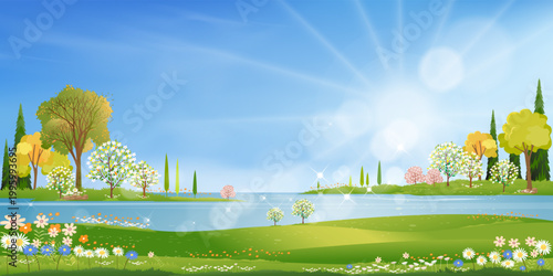 Spring village with green field by the lake, blue sky and clouds,Backdrop Rural nature landscape in springtime with grass land, flower and sun shining,Vector Spring and Summer banner background