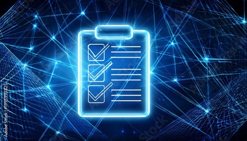 digital neon checklist with completed tasks glowing on a dark blue abstract network background