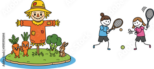 Cartoon scarecrow with vegetables garden and kids playing tennis illustration set, farming and outdoor sports themed vector collection for children design