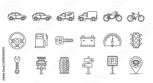 Collection of transportation and automotive icons in a simple line art style.