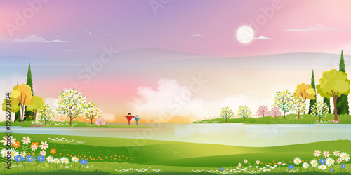 Spring village with green field by the lake, pink, blue sky and clouds,Backdrop Rural nature landscape in springtime with grass land,flower and sun shining,Vector Spring and Summer banner background