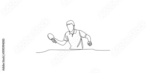 A continuous line drawing of a man playing table tennis with a paddle in hand