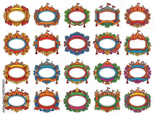 Vibrant ornate frames on display at a cultural festival in India with various colorful decorations and intricate designs.