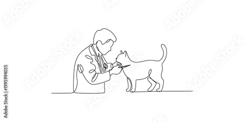 Continuous line drawing of a man examining a cat with a stethoscope on a white background