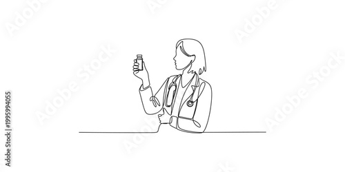 A female doctor or pharmacist holding up a bottle of pills or medicine on a white background in a minimalist line drawing style