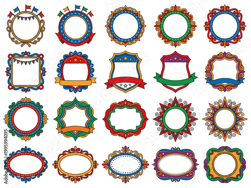 Vibrant decorative frames showcase various colorful border designs on a white background for artistic use.