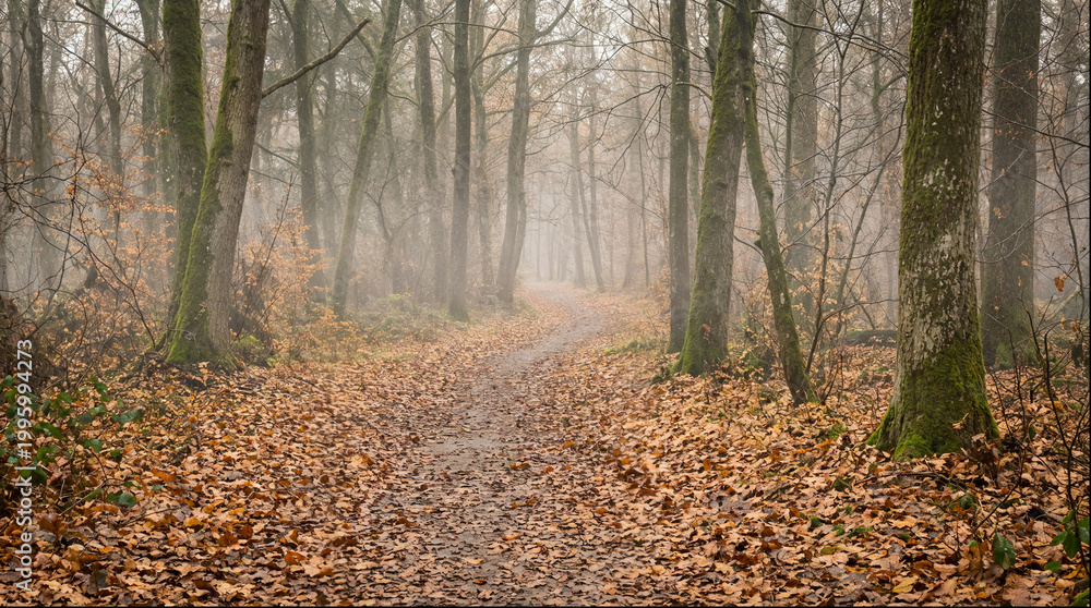 Fototapeta premium Winding path in misty autumn forest with fallen colorful leaves