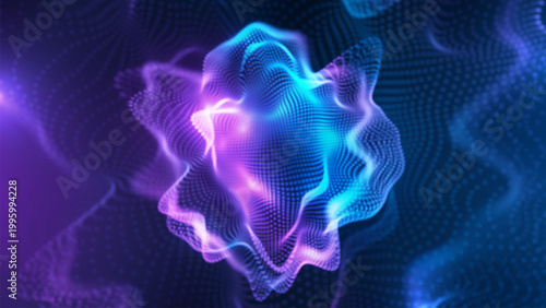 Abstract ai brain center background with blue glow particle wave. Smart mind core graphic design showcasing 3d dot flow effect. Vector Illustration.