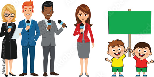 Cartoon reporters with microphones and kids holding blank signboard illustration set, media, news and communication themed vector collection for design