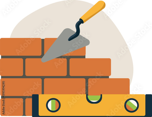 Brick Wall Construction with Trowel – Masonry Work Illustration