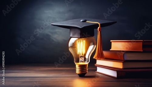 online learning graduation concept with glowing light bulb and academic cap on dark background