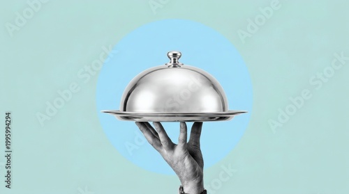 Hand holding a silver cloche on a serving tray against a light blue background.