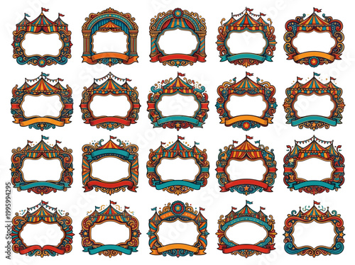 Vibrant ornate frames on display arranged in rows on a plain white background for graphic design purposes