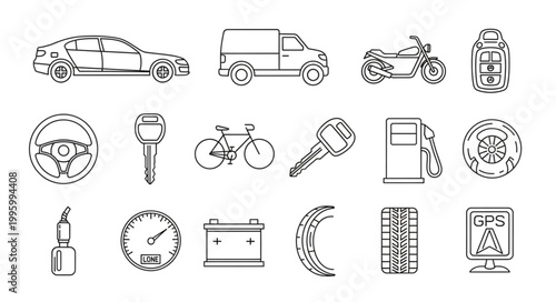 Collection of Hand Drawn Automotive Transportation and Service Icons.