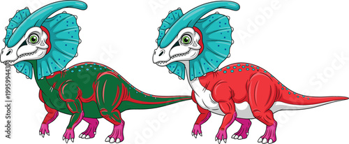 Colorful cartoon dinosaur characters set with frilled crest reptiles in different color variations, prehistoric animal illustration for kids education and creative design