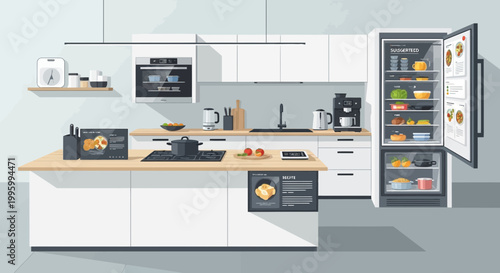 Modern kitchen interior, white cabinets, kitchen appliances, refrigerator, countertop, vector illustration
