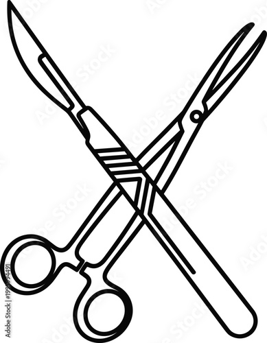 Minimal surgical tools line icon, medical scissors and scalpel for healthcare operation concept, clean outline vector illustration isolated on white