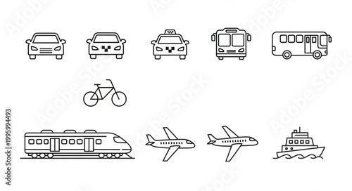 Collection of transportation vehicle icons in a simple line art style.
