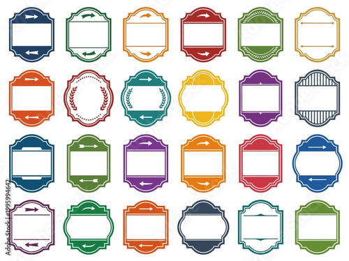 Various colored and patterned frames are arranged in rows on a white background for design purposes.