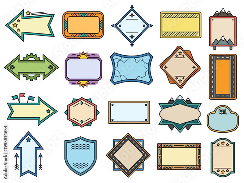 Various colorful label and banner illustrations are displayed on a white background.