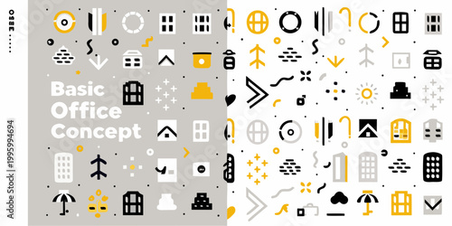 A colorful patterned design featuring basic office and geometric shapes