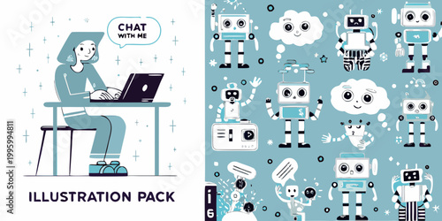 A woman using a laptop interacts with cute robots in a colorful illustrated pattern