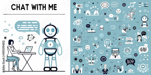 Illustration depicting ai chatbot interaction with a person using a laptop and digital icons