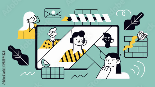 A digital illustration depicts a group video call with diverse participants and abstract elements