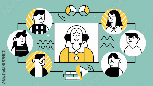 A central figure wearing headphones facilitates a virtual meeting with surrounding participants