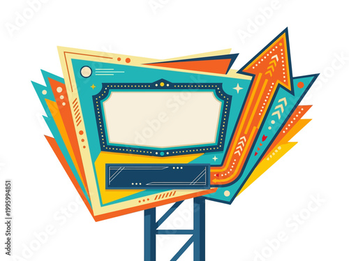 A colorful illustration of a blank billboard standing on a wooden structure in a lively outdoor setting with vibrant abstract shapes.