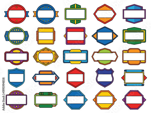 A vibrant collection of colorful labels and banners are arranged neatly on a white background for design purposes.